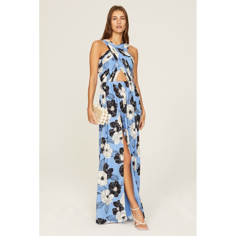 NEW Dress The Population Rose Maxi Dress Womens XS Sky Blue Floral Halter Gown